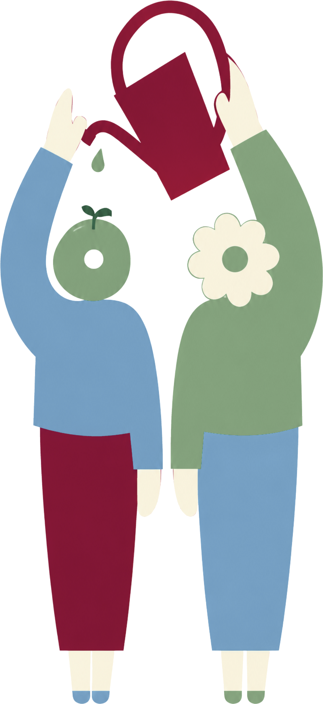 Ilustração de duas pessoas cuidando e regando uma à outra, símbolo do cuidado mútuo
